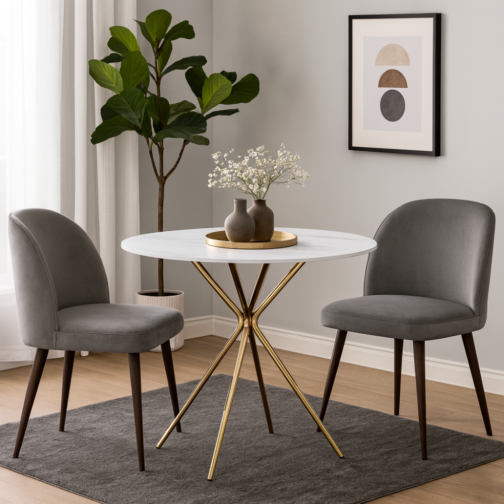 Jídelní stůl, bílý mramor/gold chrom zlatá, průměr 90 cm, MEKNER