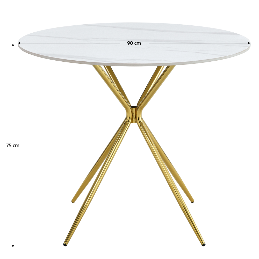 Jídelní stůl, bílý mramor/gold chrom zlatá, průměr 90 cm, MEKNER