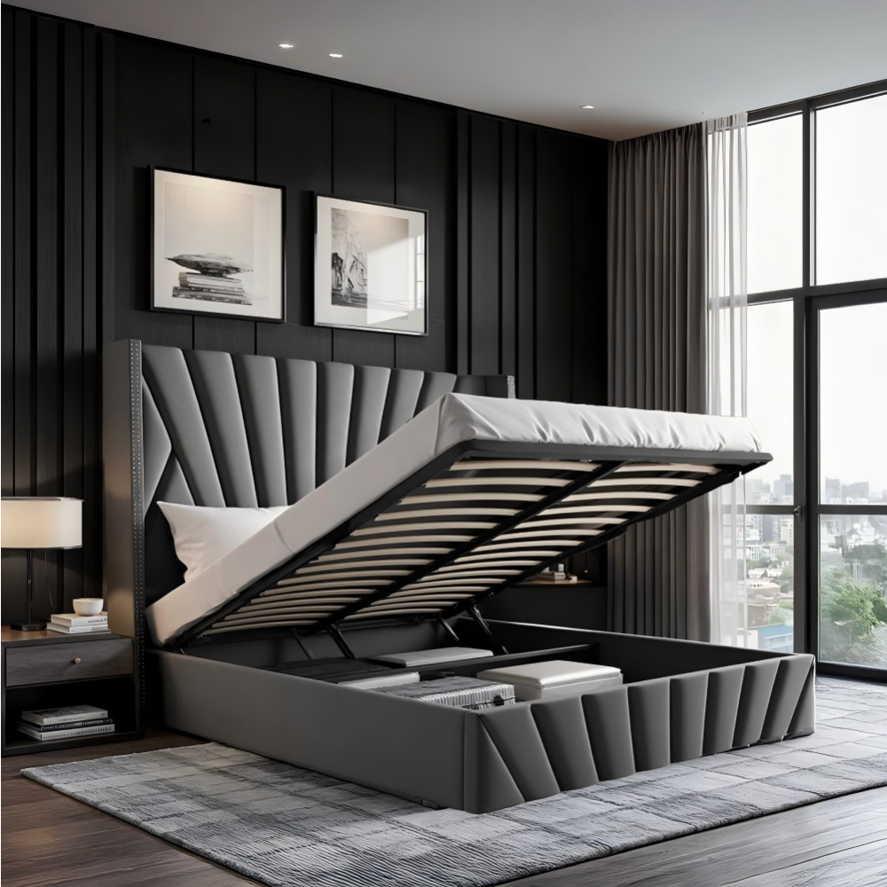 Postel s roštem, 180x200, tmavě šedá Velvet látka, PENELOPE