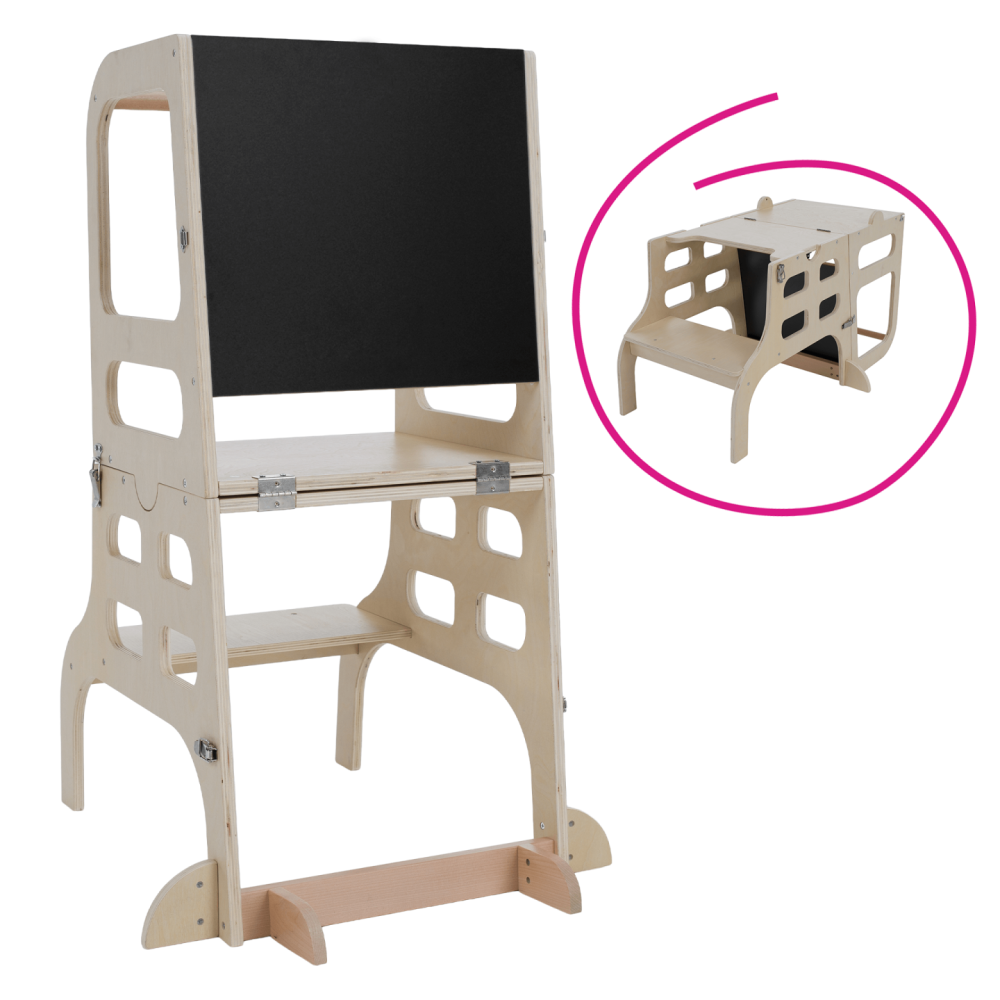 Montessori učící věž 3v1 s tabulí, přírodní, MAGAN