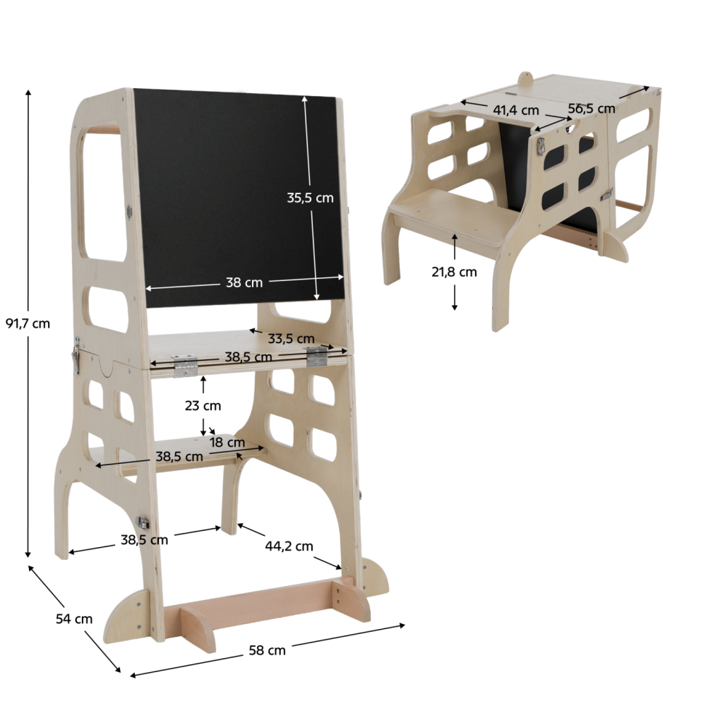 Montessori učící věž 3v1 s tabulí, přírodní, MAGAN