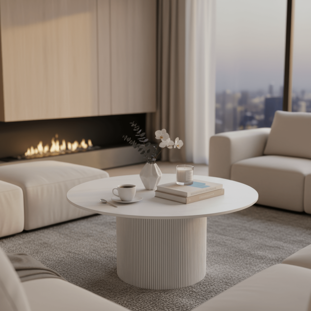 Konferenční stolek, bílý mramor/MDF, průměr 80 cm, MAHIR TYP 1