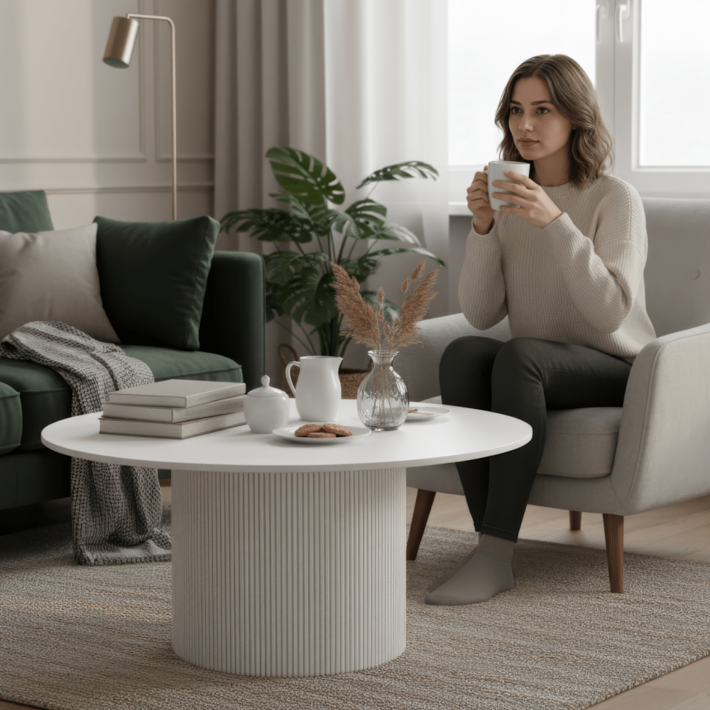 Konferenční stolek, bílý mramor/MDF, průměr 80 cm, MAHIR TYP 1