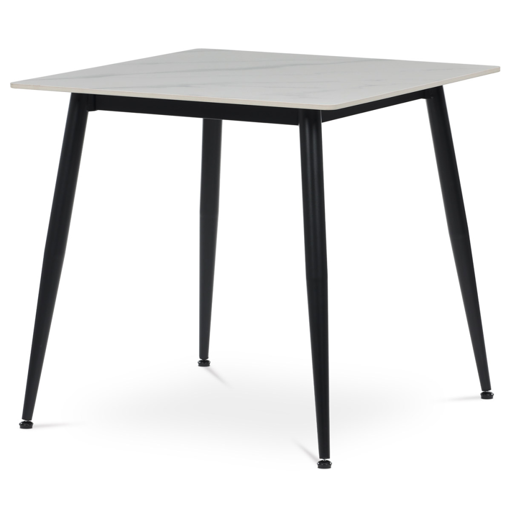 HT-398M WT - Stůl jídelní 80x80 cm, keramická deska bílý mramor, černé kovové nohy