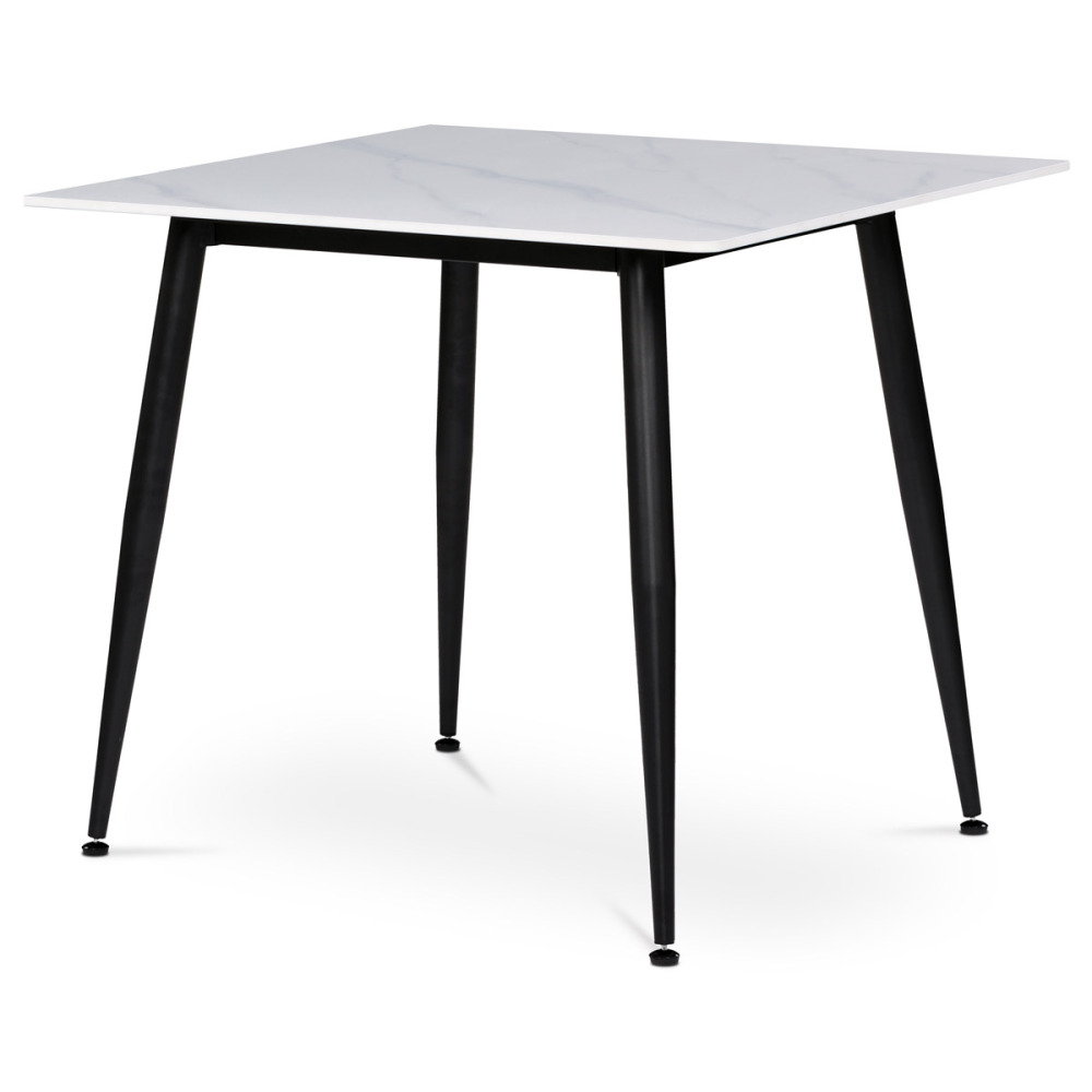 HT-398M WT - Stůl jídelní 80x80 cm, keramická deska bílý mramor, černé kovové nohy