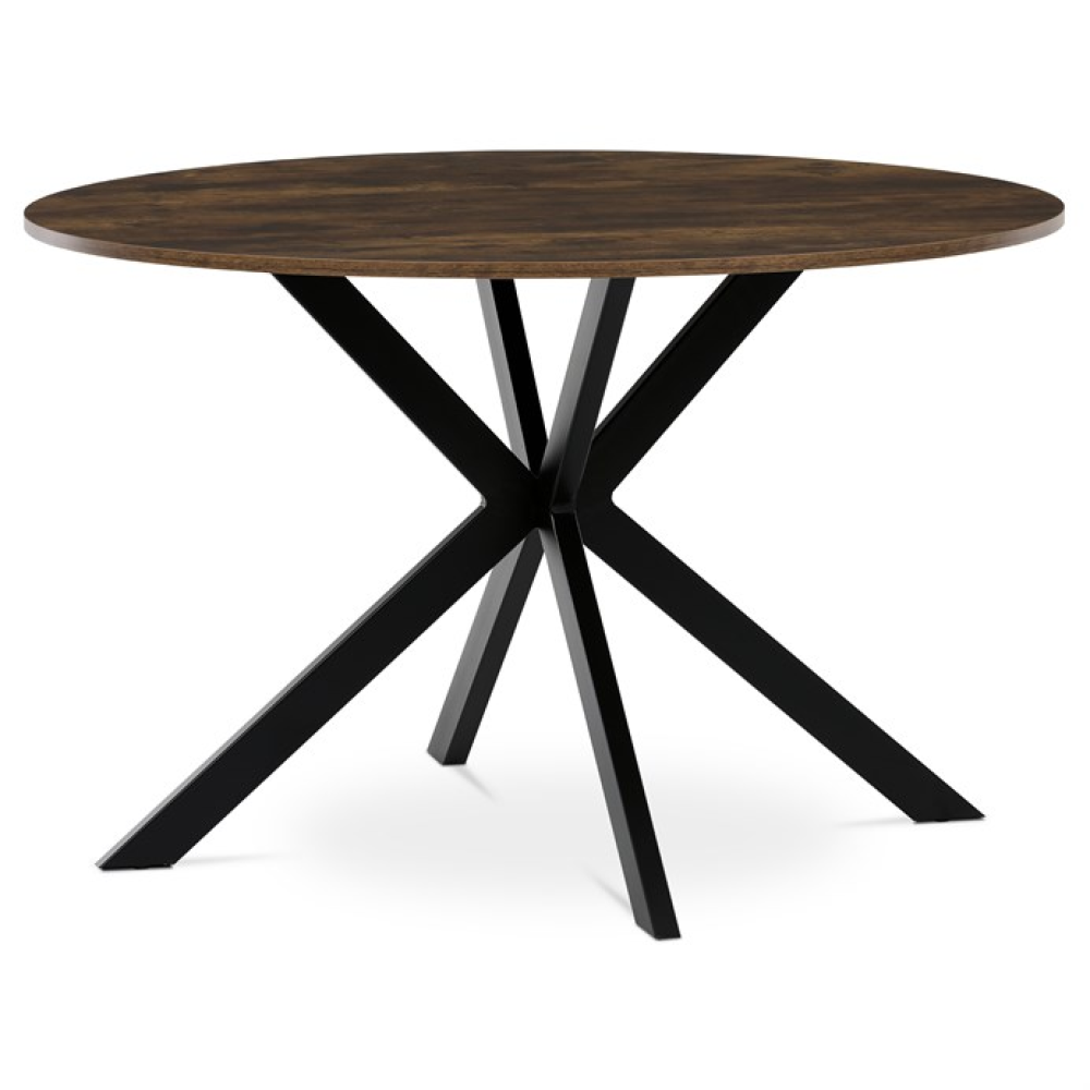 HT-F4120 OLW - Stůl jídelní kulatý, 120x120x75,5 cm, MDF staré dřevo, černé kovové nohy