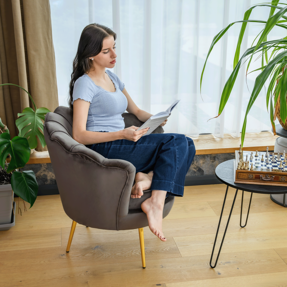 Křeslo ve stylu Art-deco, šedohnědá Velvet látka/gold chrom zlatý, NOBLEO