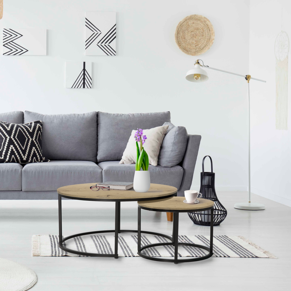 Konferenční stolky, set 2 ks, dub/černá, CIRKO