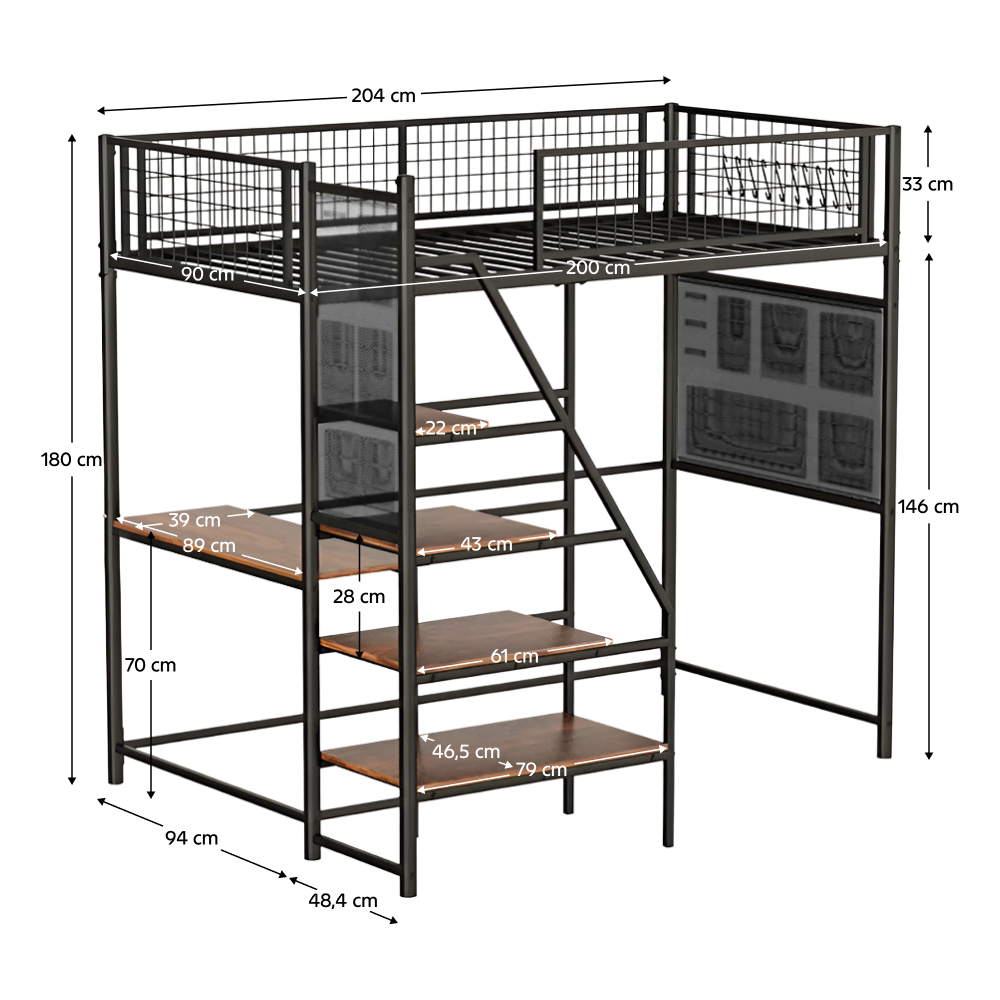 Vyvýšená postel se zábranou, 90x200, černá, NIVEN