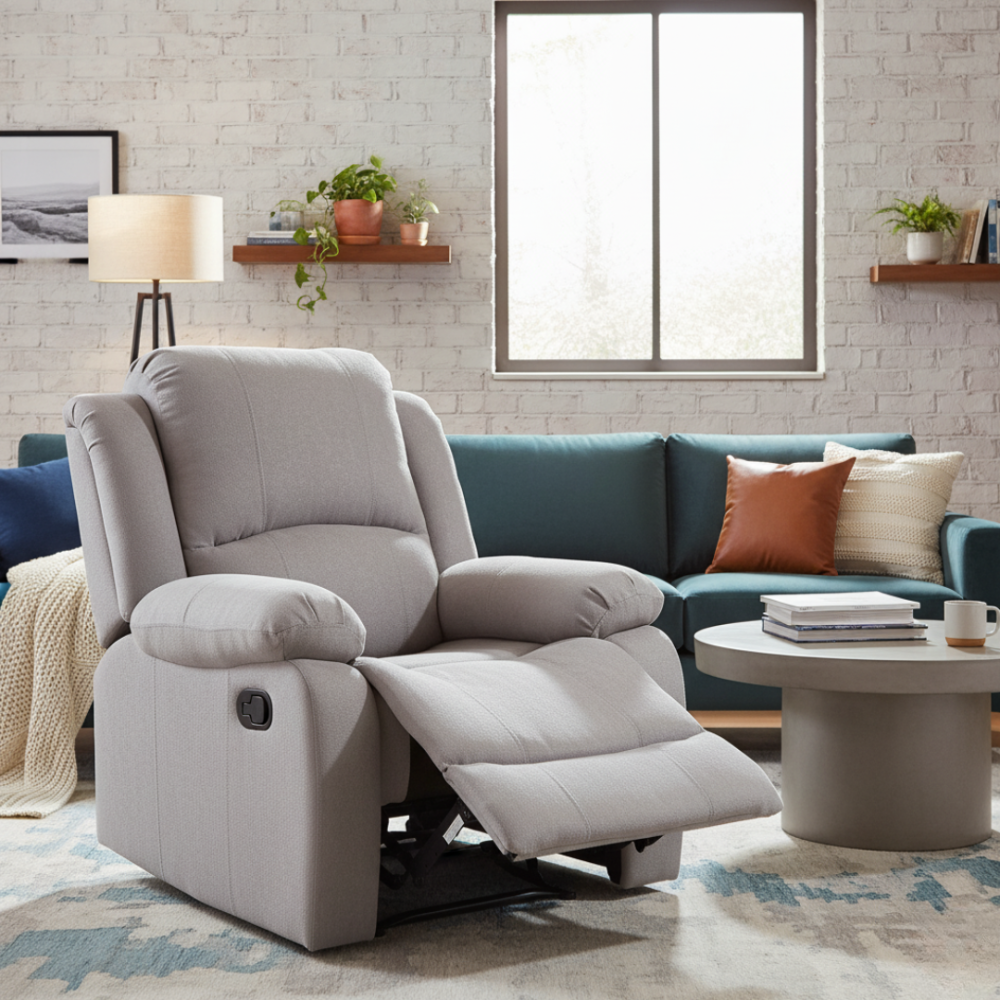 Relaxační polohovací křeslo, světle šedá látka, ASKOY NEW