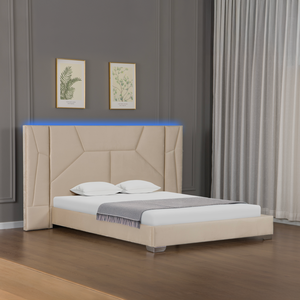 Postel s roštem a LED osvětlením, 160x200, béžová Velvet látka, ALTESA