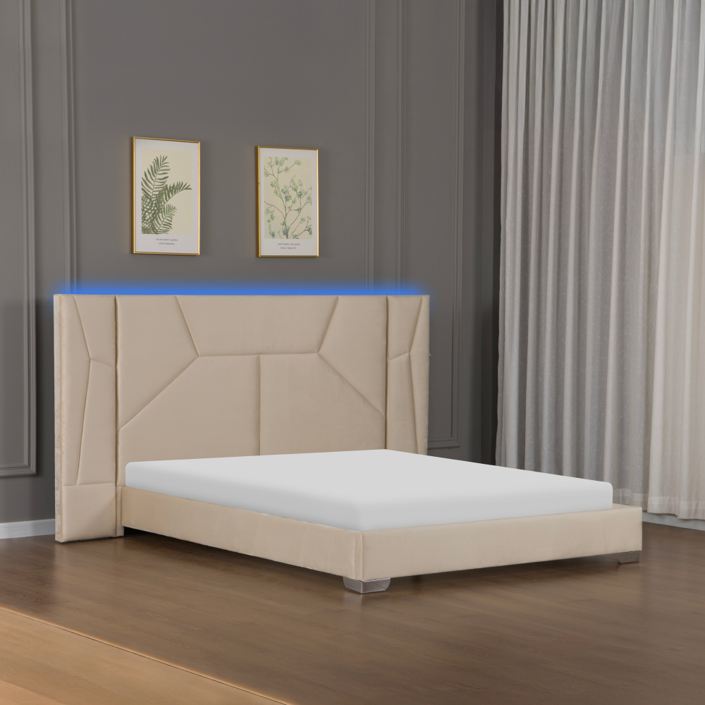 Postel s roštem a LED osvětlením, 160x200, béžová Velvet látka, ALTESA