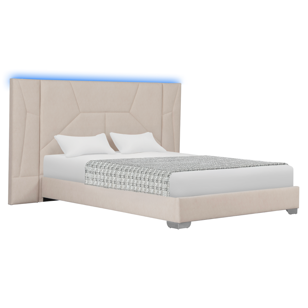 Postel s roštem a LED osvětlením, 160x200, béžová Velvet látka, ALTESA