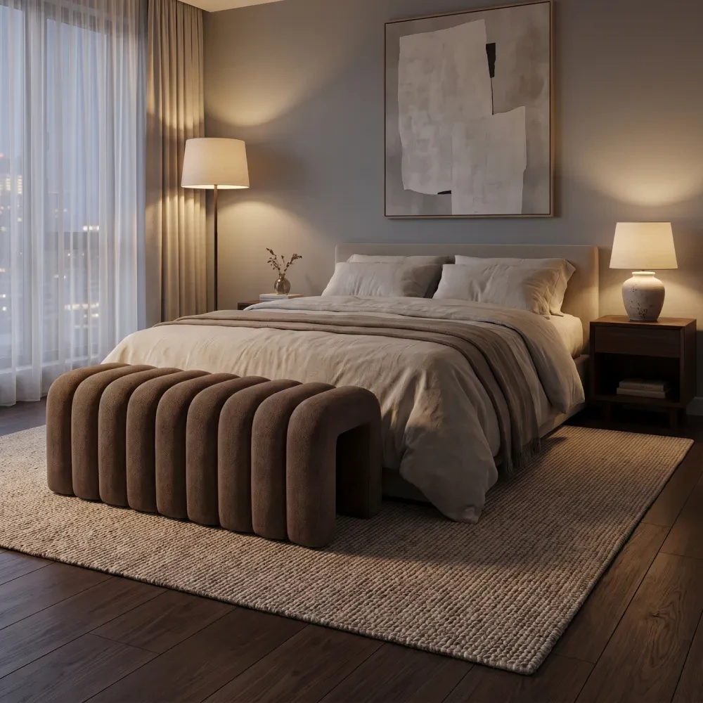 Designová lavice, hnědá látka, SUNDO