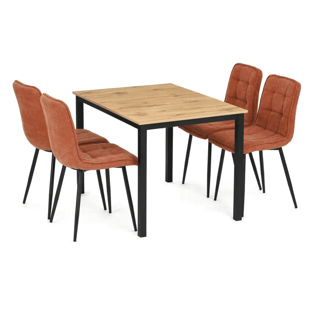 ASE-1043 ORA2 - Jídelní set s 4 židlemi Leonis, oranžová, 110x70x75cm, mdf, divoký dub, ASE-1043 ORA2