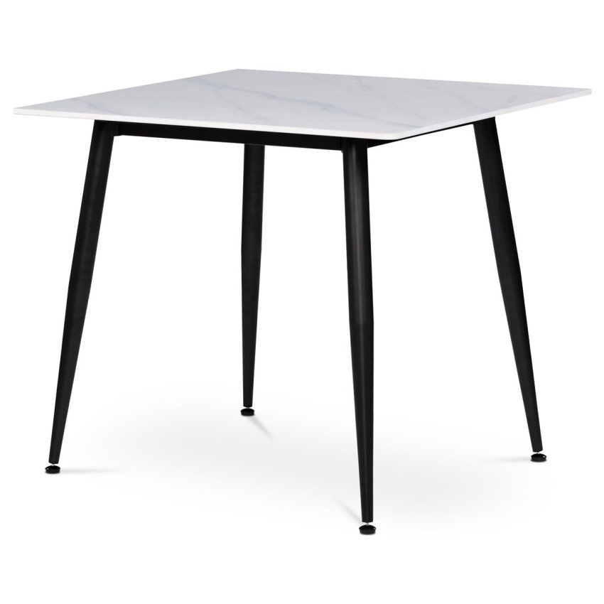 HT-398M WT - Stůl jídelní 80x80 cm, keramická deska bílý mramor, černé kovové nohy