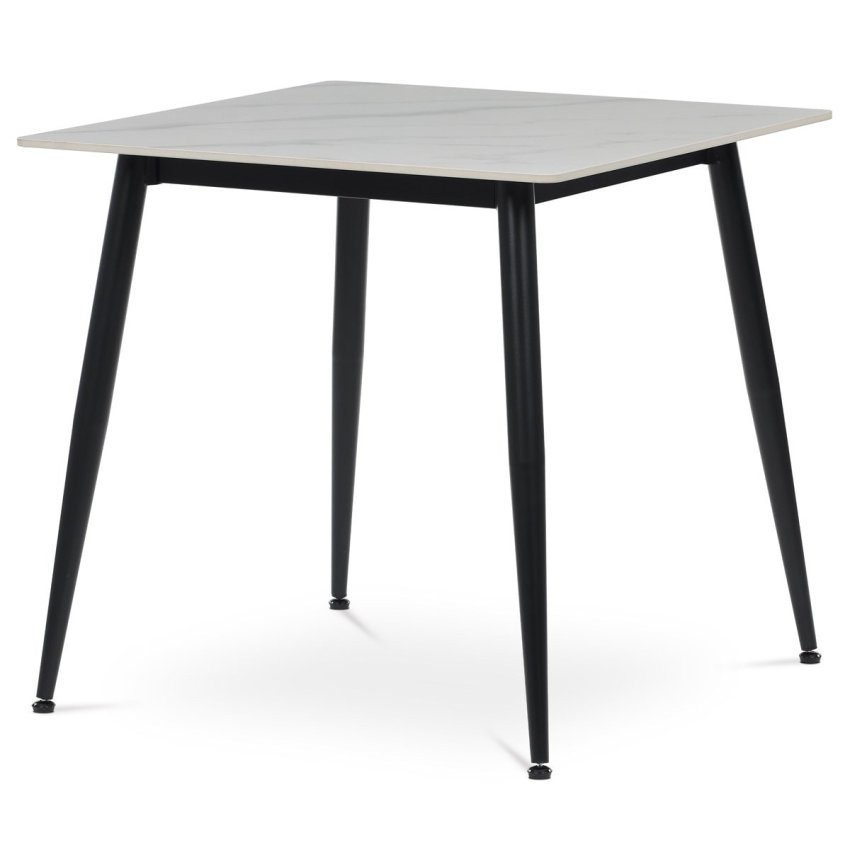 HT-398M WT - Stůl jídelní 80x80 cm, keramická deska bílý mramor, černé kovové nohy